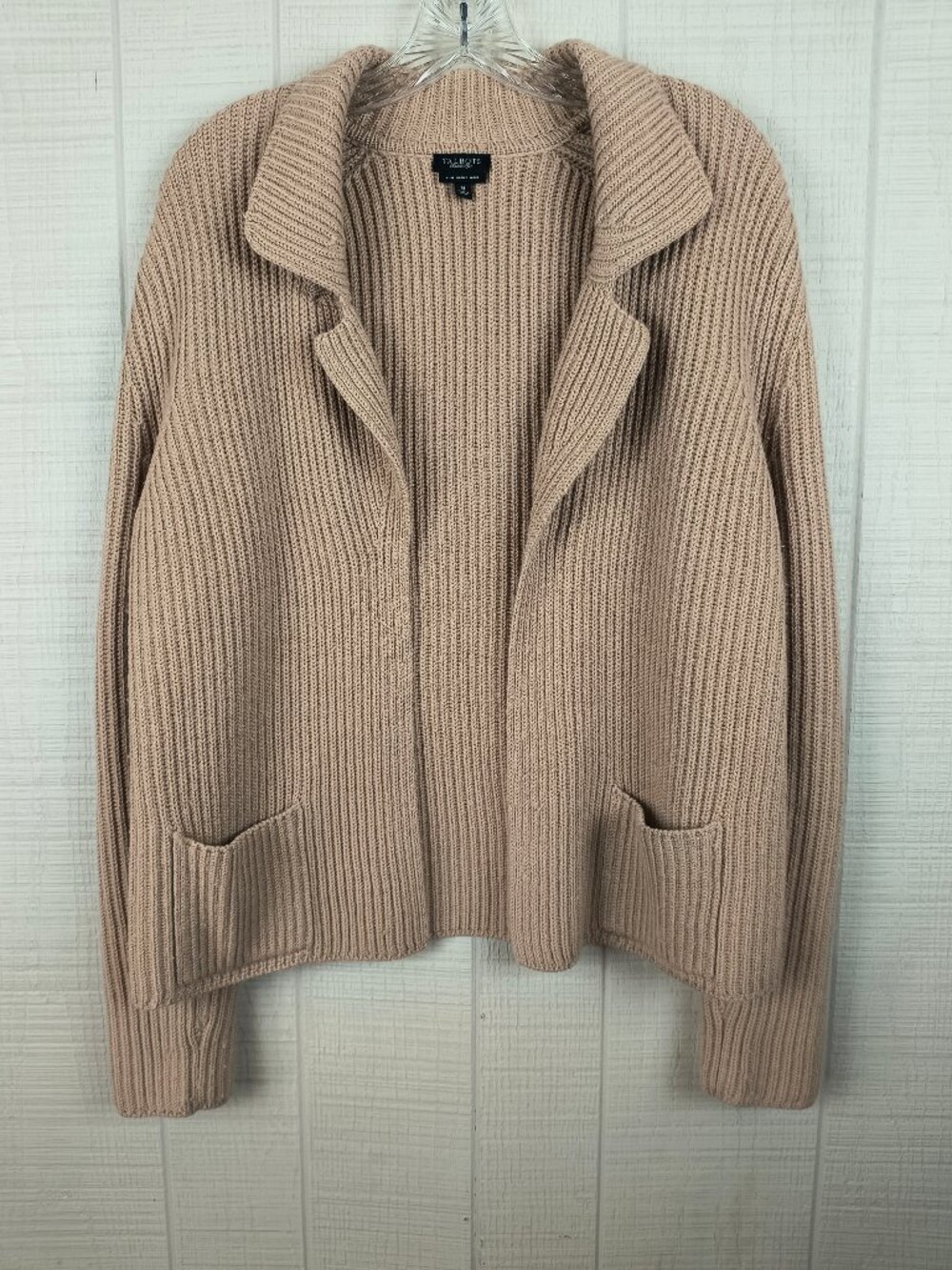 Talbots Merino Wool Sweater Jacket Cardigan Beige Tan Neutral Rib Knit